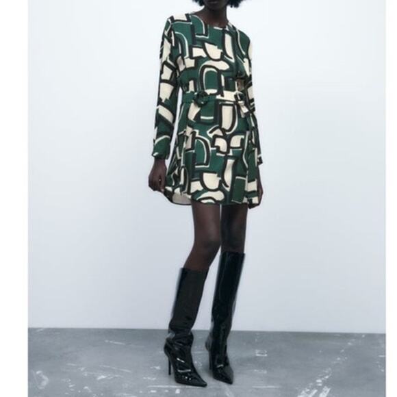 Zara Dresses & Skirts - Zara Frida Abstract Print Side Belted Dress Size XS Green Cream